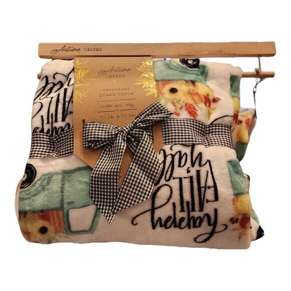 Autumn LEAVES  Oversized plush throw HAPPY FALL Y'ALL  white with teal truck pri - Picture 11 of 11